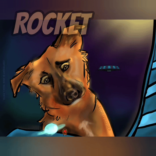 GIF: Digital drawing. A brown dog that looks like a collie, from chest up with head tilted to the left (his right), and triangle shaped ears raised but still partly floppy, looks down at the partially visible arm of a lawn chair. A small glowing orb sits on the arm. A wispy ring encircles the center of the orb. To its right stands a tiny figure that appears like an upright beetle with one arm raised. Along right edge is a partial view of the chair’s back. At upper right is a source of yellow light shining down. The background is dark. Watermark of “Storyfeather” along dog’s left side. Copyright notice along left edge reads, “Copyright © 2024  Nila L. Patel.” Animation: a saucer-shaped ship with glowing windows bobs up and down next to Rocket’s head at end. The story title appears, “Rocket Meets the Martians,” and text at bottom that reads “Available to Read Now storyfeather.com.”