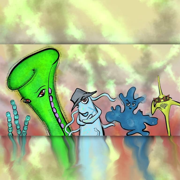 Digital image. Cartoon depictions of anthropomorphized unicellular organisms in a line. From left to right, three filaments of cyanobacteria, a Stentor, a paramecium with flagella who’s wearing a fedora, a slime mold, and a dinoflagellate with glasses. The rectangular image is made square with top and bottom borders that extend the background texture. Watermark of “Storyfeather” along inner side of the Stentor.