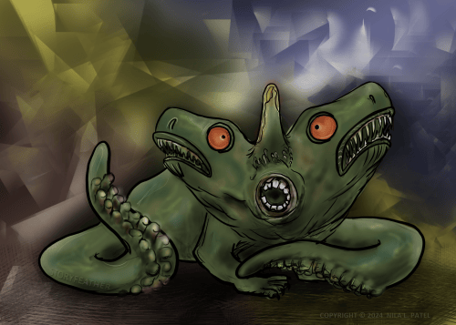 Digital drawing. A creature that looks like a hybrid of various animals. The central body sits low to the ground, the front part directed to the right. The visible right forelimb ends with five sharp claws. Its back limb looks like a short tentacle that’s raised from the ground. Another tentacle extends from behind the body and curls toward the front. It has two identical lizard-like heads with sharp teeth in their opened mouths, and large round orange eyes. The heads are turned away from each other, but the eyes look at each other. Between and below the heads is a circular opening lined with square teeth. Above the mouth is a protrusion with scaly scabs at the base and cracks at the tip. The background is shards of muted colors. Watermark of “Storyfeather” along tentacle at left. Copyright notice at bottom right reads, “Copyright © 2024  Nila L. Patel.”