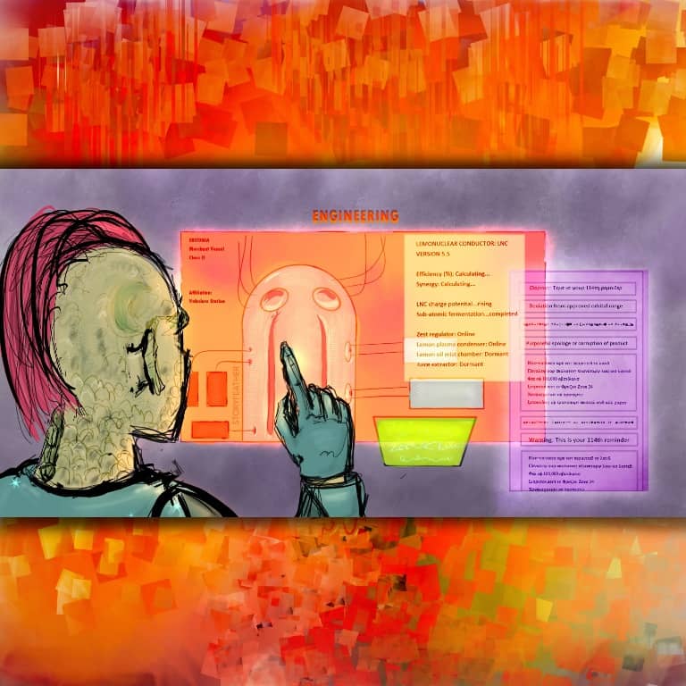 Digital drawing of a humanoid person with a long-haired mohawk and scaly skin at left, facing away and looking at multiple glowing holographic displays with various readouts. The person points at the main display, which shows a containment or reactor vessel. Some text is readable. The word “engineering” at top, and “Lemonuclear Conductor: LNC Version 5.5.” Horizontal rectangular image is made square with borders at top and bottom with a textured pattern of square confetti and vertical bars in the same orange and yellow colors of the main image. Watermark of “Storyfeather” along left side of reactor vessel.