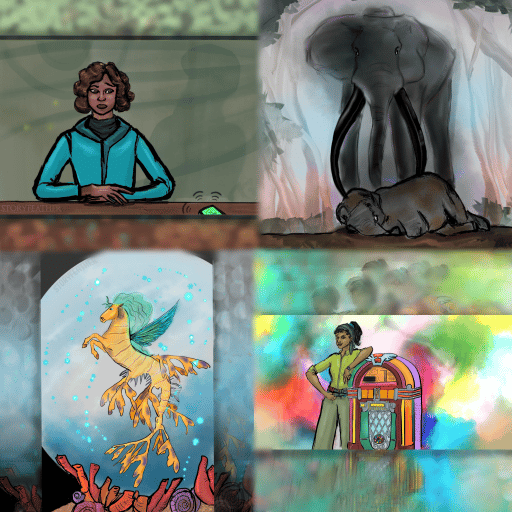 Square composite image of the digital drawings from the four January 2024 podcast episodes. Clockwise from top left: a woman sitting behind a desk looking at a buzzing device; an elephant with black tusks standing over a baby elephant lying on the ground; a woman leaning against a brightly colored jukebox; and a half-horse, half-sea dragon creature floating in a glass orb.