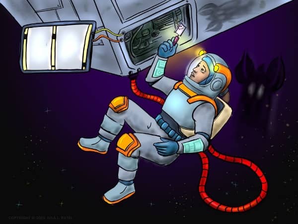 Digital drawing. At center, a figure floating in space, almost horizontal, in three-quarters view, knees bent, left arm bent to the side, bent right arm raised toward an open panel of a larger structure at top, with hand holding a small tool. The figure wears a space suit with brightly colored accents, like knee pads, and boot bottoms. A red harness tube is latched to the structure at top and loops behind the figure. Two helmet-mounted lights illuminate a part of the panel’s insides. The panel covering floats off to the left, attached by two small cables. A dark shape, ghostly with five protrusions at top and two faded spots where eyes would be on a humanoid floats behind the main figure. That same dark hazy shape is imprinted on the structure at top right. Watermark of “Storyfeather” along the left upper arm. Copyright notice at bottom left reads, “Copyright © 2025  Nila L. Patel.