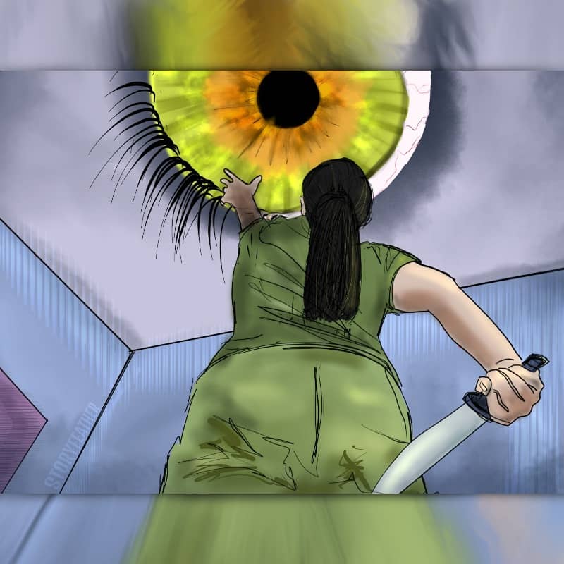 Digital drawing. Central figure, a woman, her top half, seen from below at an angle. She’s facing away, standing in a room where the ceiling and parts of two walls intersect at her left, around waist level. The woman wears pants and a t-shirt and her hair in a ponytail. She holds a carving knife in her right hand, held down and behind herself.  Her left hand reaches up towards a huge eye in the ceiling. Most of the iris and a small portion of the whites are visible. Eyelashes extend out at left. Watermark of “Storyfeather” along wall in image at left. The rectangular image is made square with top and bottom borders with blurred portions of the main image.