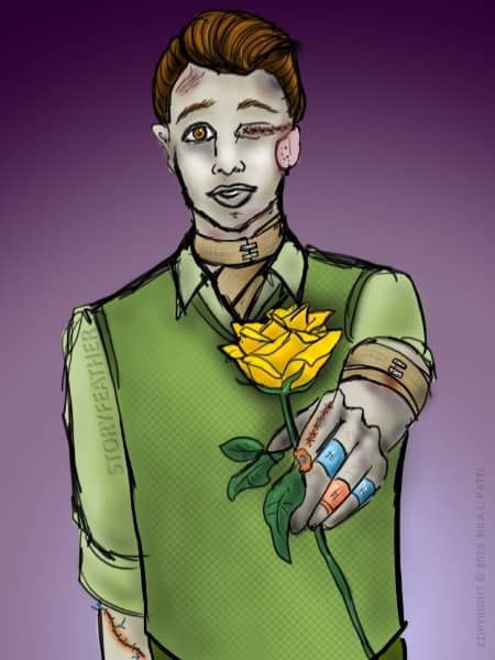 Digital drawing. A young man from waist up, facing forward, holding out a yellow rose with his left hand. He wears a collared shirt and sweater vest. Visible parts of his skin bear stitches, bandages, and bruising. His neck and left arm are wrapped in bandages. An adhesive bandage covers the spot where his left ear should be. His left eye is stitched along the eyelids. His fingers are bandaged. Stitches angle along his lower right arm, which hangs by his side. Watermark of “Storyfeather” along upper right sleeve. Copyright notice along right edge reads, “Copyright © 2025  Nila L. Patel”