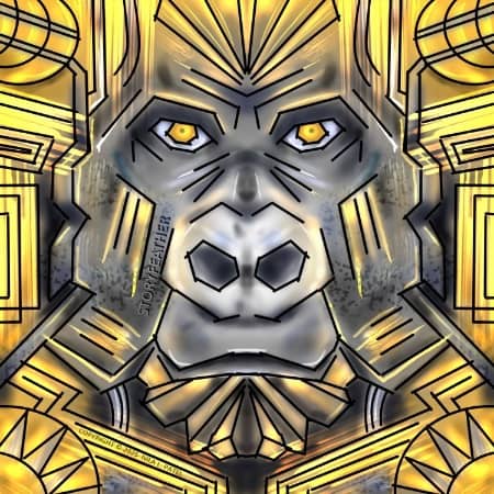 Digital drawing. Symmetrical art deco patterns, curves and circles at the corners, straight lines and edges elsewhere, border a gorilla’s face at center, which is composed of straight edges. Shades of yellow, silver, and gray make up the color scheme. Watermark of “Storyfeather” along cheek at left. Copyright notice follows an angled shaped at bottom left and reads, “Copyright © 2025  Nila L. Patel.”