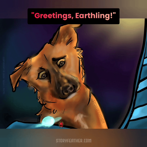 GIF: Digital drawing. A brown dog that looks like a collie, from chest up with head tilted to the left (his right), and triangle shaped ears raised but still partly floppy, looks down at the partially visible arm of a lawn chair. A small glowing orb sits on the arm. A wispy ring encircles the center of the orb. To its right stands a tiny figure that appears like an upright beetle with one arm raised. Along right edge is a partial view of the chair’s back. At upper right is a source of yellow light shining down. The background is dark. Watermark of “Storyfeather” along dog’s left side. Copyright notice along left edge reads, “Copyright © 2024  Nila L. Patel.” Lines from the story appear: “‘Greetings, Earthling!’ Rocket realized many things all at once. One thing astonished him (‘Alien lifeform!’) Site URL appears at bottom center.