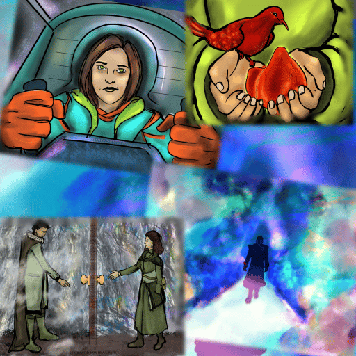Square composite image of the digital drawings from the four February 2024 short stories. Clockwise from top left: a woman in a cockpit gripping a throttle control; a robed person holding out a glowing heart with a red dove perched on their hand; silhouette of a person in a long coat walking on a bright path surrounded by colored clouds; and a man and woman standing on either side of door, with both sides having a knob that each is reaching toward.