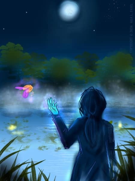 Digital drawing. View looking out on a pond at night, with a full moon in the sky at top. Background middle, a stand of trees with fog rising from the water below. Lily pads lie in the water with spots of yellow glow on a few. At bottom foreground right stands a woman in dark blue silhouette, facing the pond, seen from waist up, hair tied loosely at her neck, holding her bent left arm up by her side. Her hand glows blue and is surrounded by a sparkling blue and purple cloud. Above and to the left of her hand, hovering in the air, is a beetle in bright orange and purple, also surrounded in a sparkling cloud. Behind them, far foreground at the corners are dark blades of grass. Watermark of “Storyfeather” along upper right arm of woman. Copyright notice along top right side reads “Copyright © 2026  Nila L. Patel.”