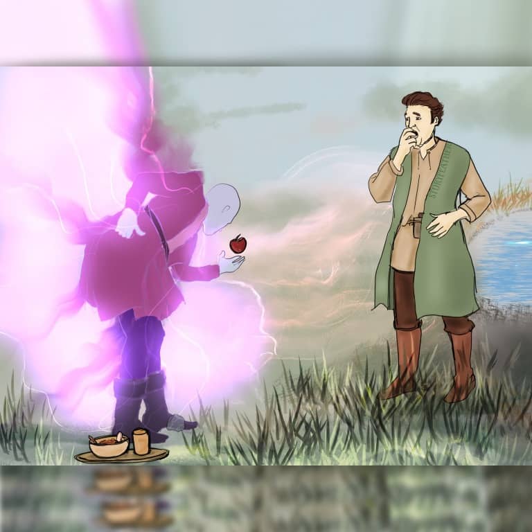 Digital drawing. At right, a man in medieval style clothing stands amid patches of grass and looks shocked. His brows are raised and he holds his right hand over his mouth as he gazes at the figure to the left, a man with a gray complexion bowing as he catches an apple with his left hand. The bowing man is surrounded by a wispy glowing cloak, and the colors of his clothing appear to be bleeding into the cloak. At his right foot is a platter of food. A stone sits on or in his left foot. Part of a stream is visible behind the man at right. Watermark of “Storyfeather” along the inner edge of the long vest worn by the man at right. The rectangular image is made square with top and bottom borders that display blurred sections of the main image.
