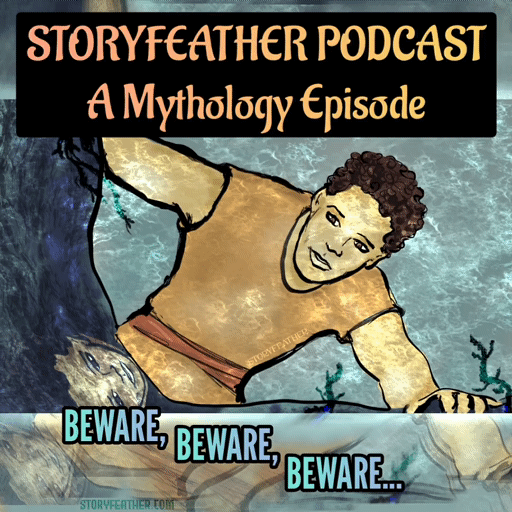 GIF: Trailer for “They Linger in the Deep.” 6 seconds. Title card with the words “Storyfeather Podcast” and “A Mythology Episode” is displayed at top. Text displayed: “Beware, beware, beware...” The title card and text fade. Digital drawing. View from below the surface of a pool looking up at a young man in a short sleeve tunic seen from waist up at a diagonal. He is gazing down. His face is reflected on the stone surface visible along the left and bottom edges. Stray water weeds cling to the rocky walls of the pool. Watermark of “Storyfeather” along left side of his shirt. Animation: soft rippling light as if on water’s surface. Subtitles begin to appear at the bottom: “The youth did not drown. He floated beneath the water,”