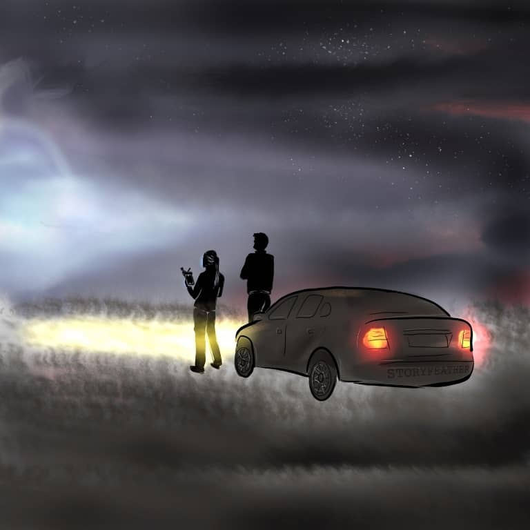 Digital drawing. Two figures in silhouette stand in front of a car seen in three-quarters view from back. The car’s headlights are on. The figure at left holds up a device. They’re in an open field at night. The sky is full of stars. Before them appears a large glowing shape that extends out of frame. Watermark of “Storyfeather” along the car’s rear bumper.