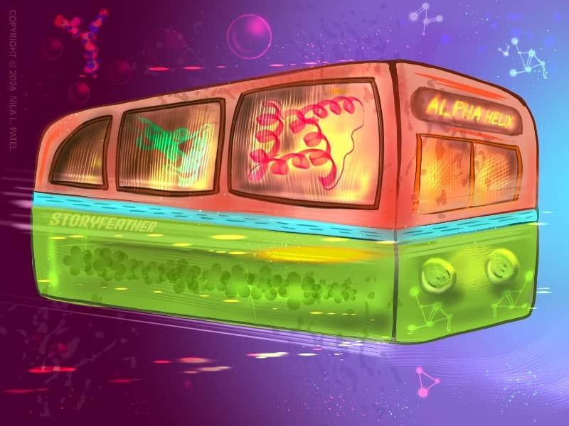 Digital drawing. A bus without wheels seen from a corner, facing right, floating in some kind of matrix. Large windows along right side show through to helix shapes inside that resemble the representation of protein molecules. Destination sign at front of bus reads “Alpha Helix.” At upper left, behind bus is a Y-shaped globular molecule. Bubbles float in the matrix, along with debris and other small molecules (not to scale). Watermark of “Storyfeather” along middle back of bus’s right side. Copyright notice along upper right side of frame reads “Copyright © 2026  Nila L. Patel.”