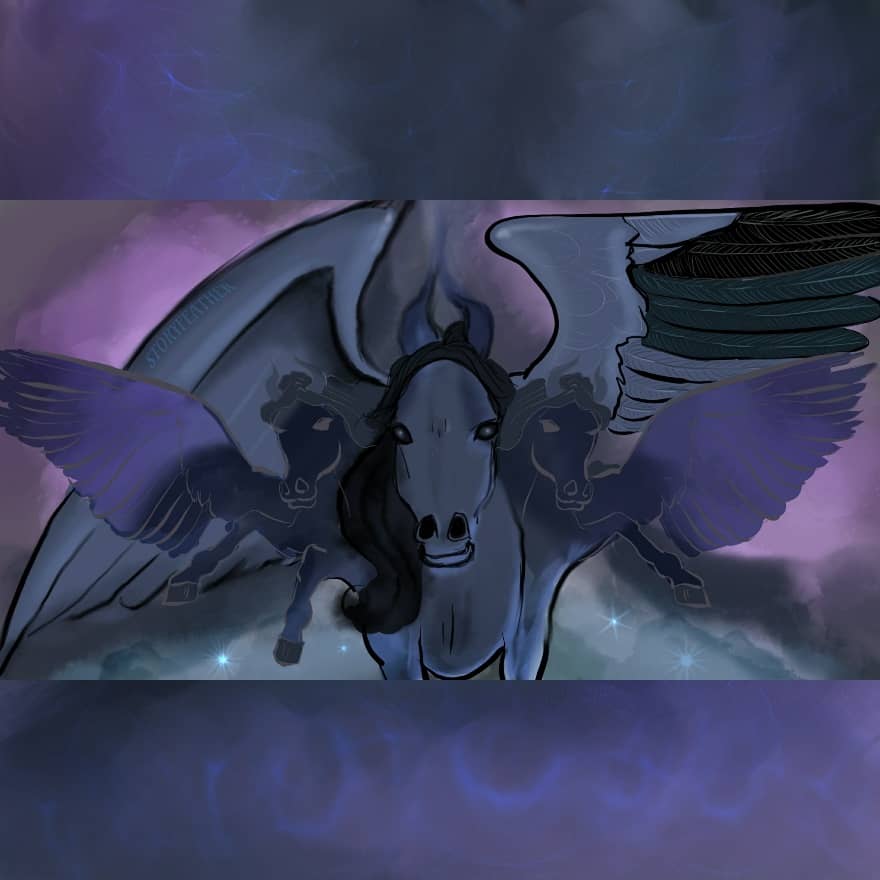 Digital drawing. Center, a winged horse facing viewer, seen from chest up, mane falling to its right. Partly extended right wing is shadowy and hazy. The left wing is raised and stretched out, and the feathers are defined, some turning dark. Emerging from the horse’s sides under its wings are two more flying horses whose forms are translucent. The horse on the left flank extends a wing and raise a leg. The horse on the right flank extends a wing and raise’s two legs. A glowing mist streams down from center top. At bottom beside the figures are bright sparks in the fog. Watermark of “Storyfeather” along main horse’s right wing. Top and bottom borders depicting dark fog and glowing mist make the image square.