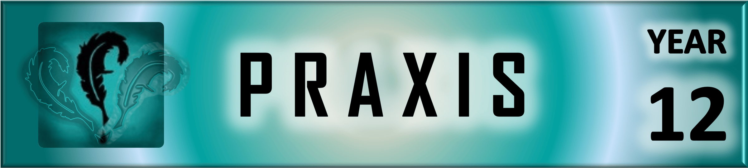 Portal Button. Elongated rectangle. Rings of colored light emanate from the center. Inset on the left, a square with the Storyfeather feather logo, a feather quill shaped like the letter “f” with a drop of ink hovering below its tip. The logo is modified so that two reduced opacity versions of the feather flank the original at an angle so that the feathers appear fanned. The feather version at left is a neon outline. The version at right appears three-dimensional. To the right of the image, the word “Praxis.” At top right, the word “Year.” Below “Year,” the numeral “12.”