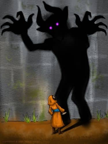 Digital drawing. Foreground, bottom third, a hooded figure seen from the back looks up, with her upper body tilted slightly back. She faces a stone wall, and her shadow stretches from her legs to the wall, then bends up and lays along the wall. The shadow does not resemble the figure. It is a giant with arms raised and clawed hands looming, pointed ears and horns, and bright glowing eyes. Along the wall at bottom are small patches of grass. Watermark of “Storyfeather” along the shadow of her right leg. Copyright notice at bottom left read, “Copyright © 2024  Nila L. Patel.