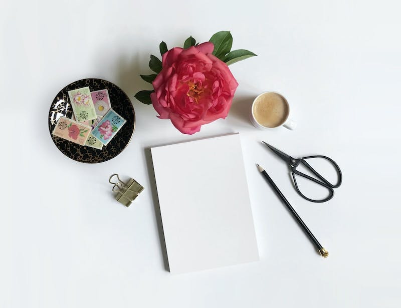 white paper, scissors, pen, coffee, flower, and clip on white surface