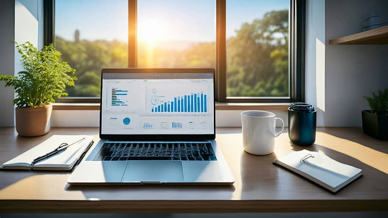 Laptop with charts on a desk by a sunny window
