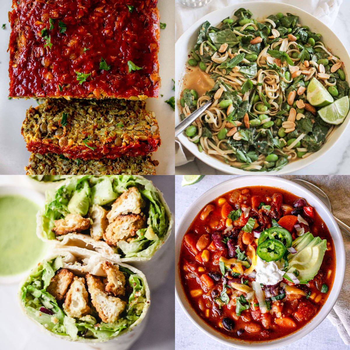 Collage of easy vegetarian dinner recipes, including meatloaf, peanut noodles, tofu wraps, and bean chili.