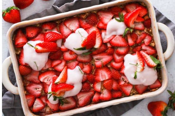 Casserole dish with strawberry baked oatmeal