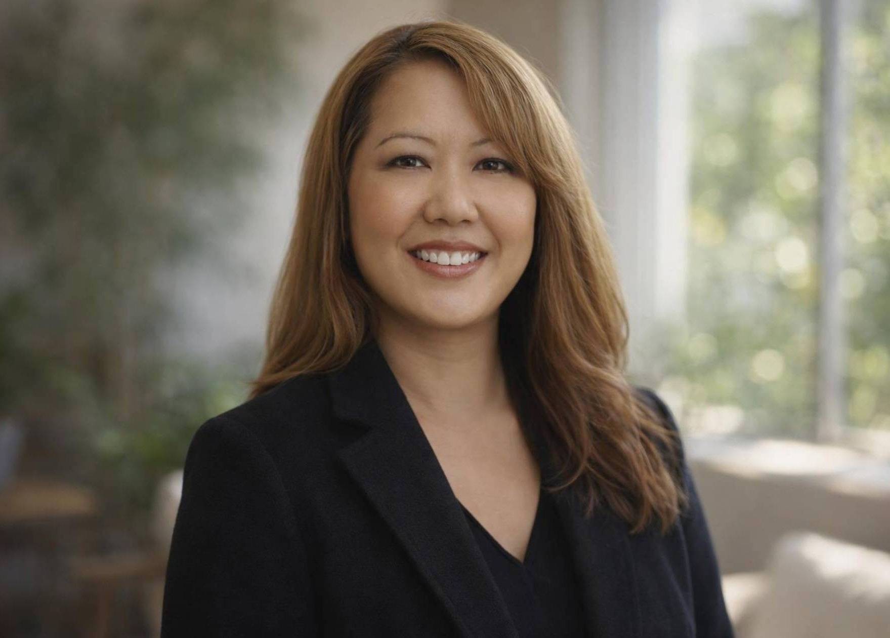 Dr. Jacqueline Ashley, PCC, a Thai-American woman with long brown hair and golden highlights in a black suit, smiling against a softly lit background with light foliage.