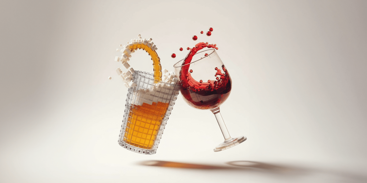 A pint of beer and a glass of wine cheers-ing. All made out of LEGO.