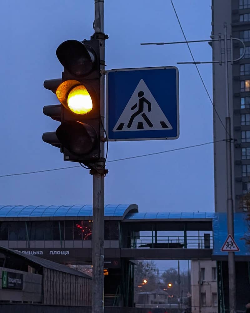 Traffic light and pedestrian crossing sign in city