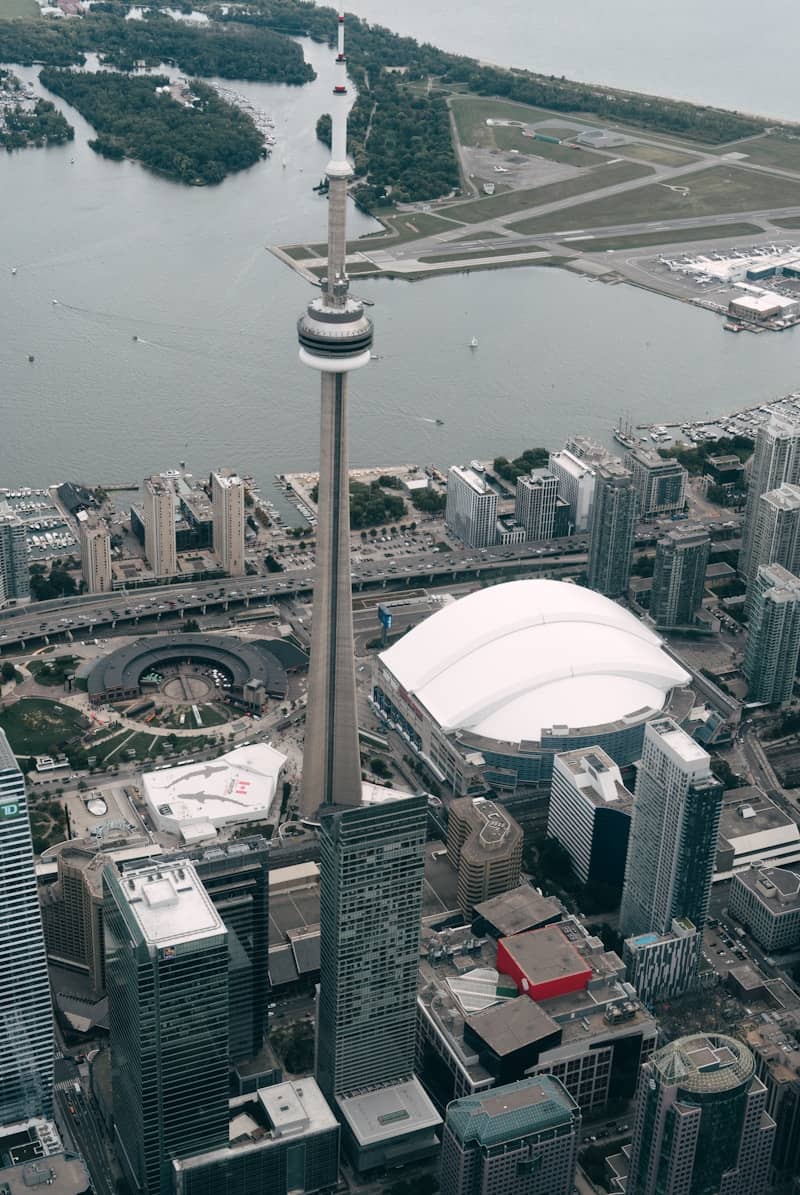 Aerial view of toronto city with cn tower and waterfront.