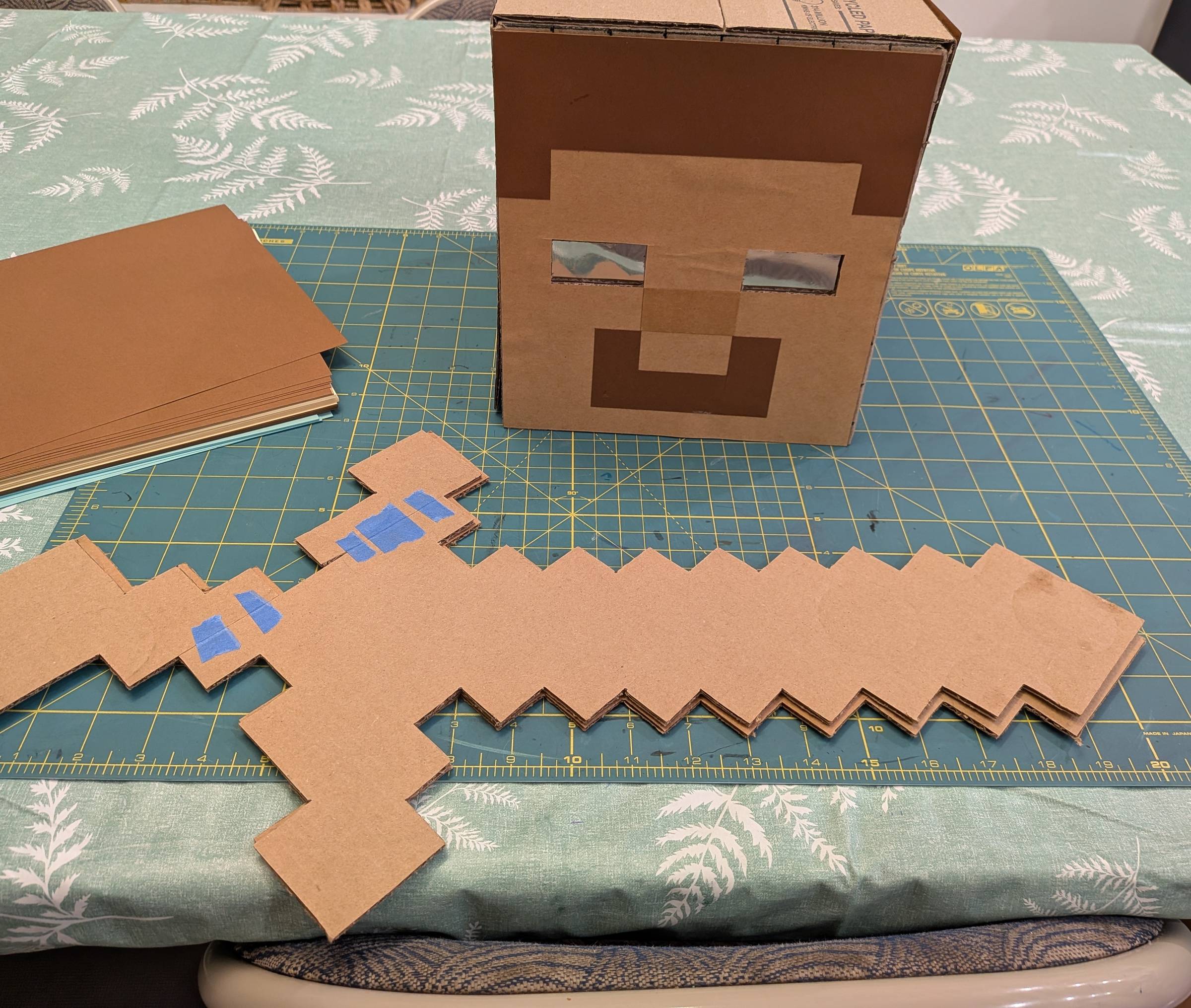 Crafting materials for a Minecraft Steve Halloween costume.