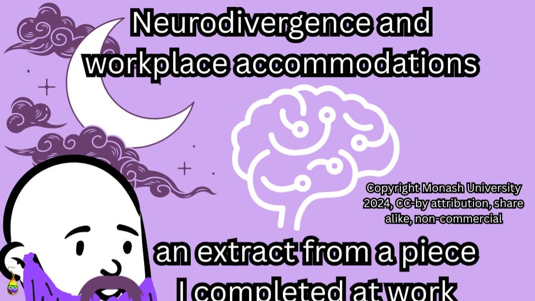 text reads: neurodivergence and workplace accommodations, an extract from a piece I completed at work. appears over a purple sky with a circuit-like brain image
