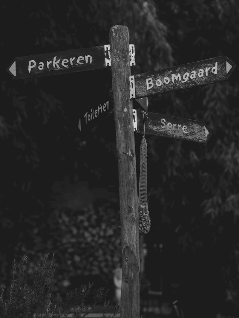 Old wooden signpost with directions to parking, orchard, toilets, conservatory.