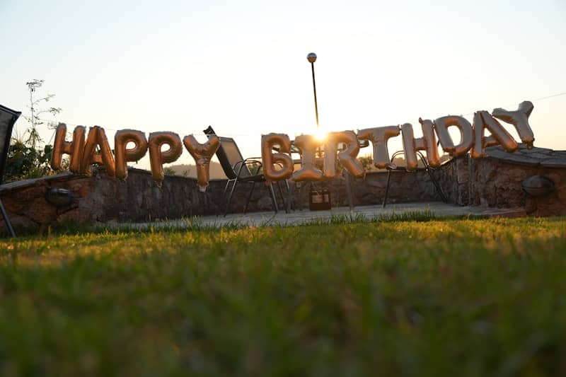 Happy birthday balloons at sunset over green grass.