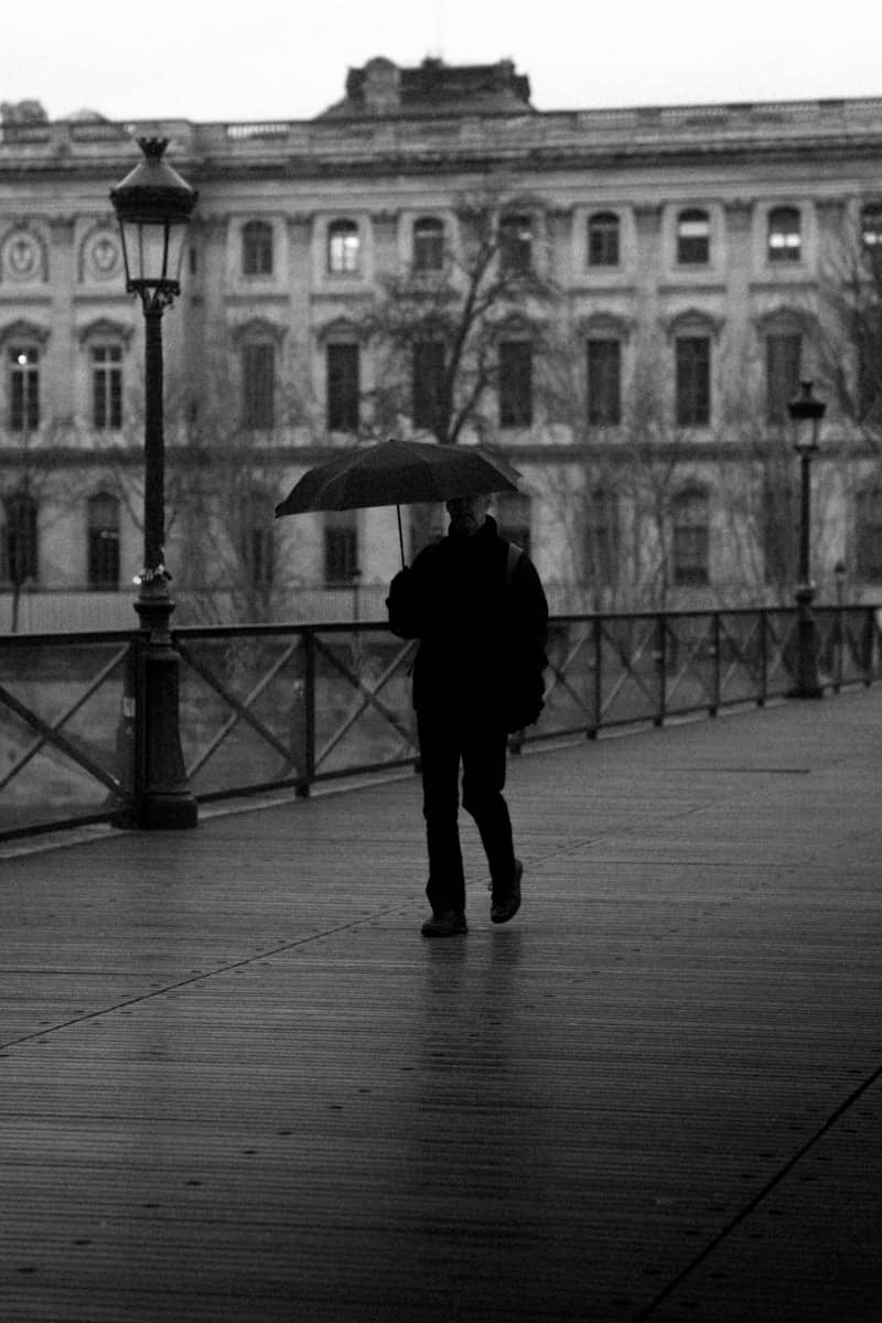 Person walks on a bridge with an umbrella.