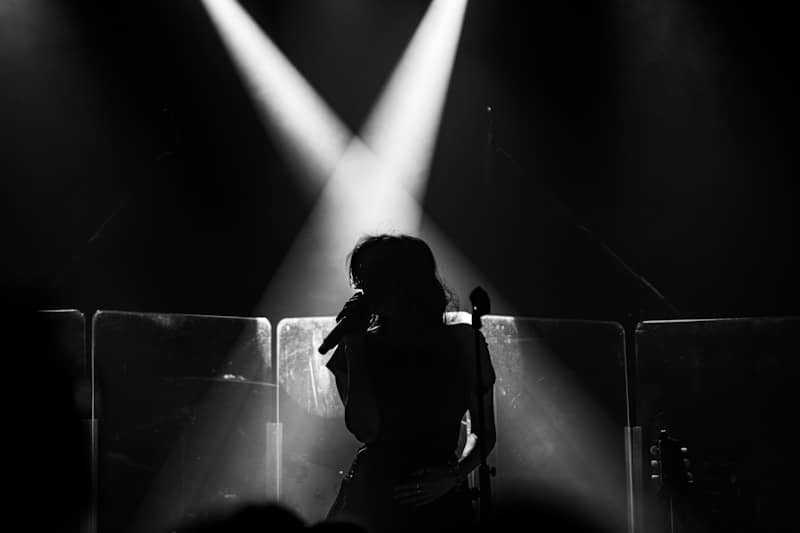 A singer performs on stage, lit by spotlights.