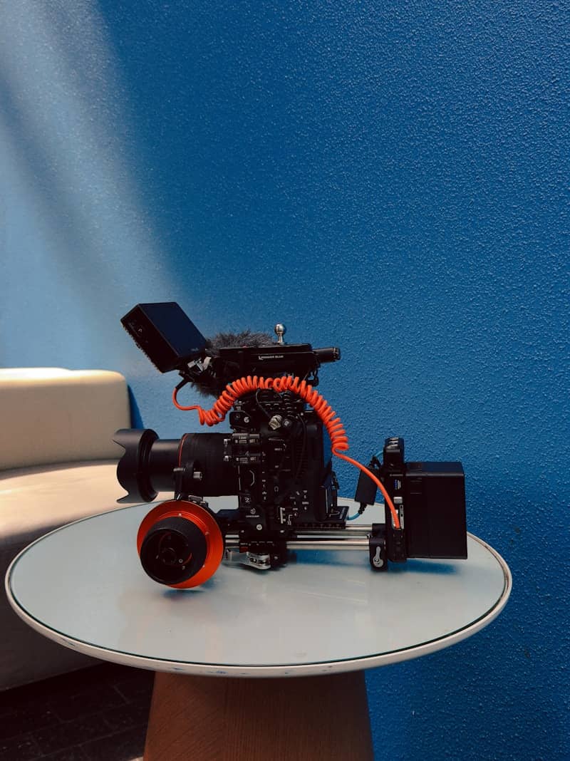 Professional video camera rig on a table