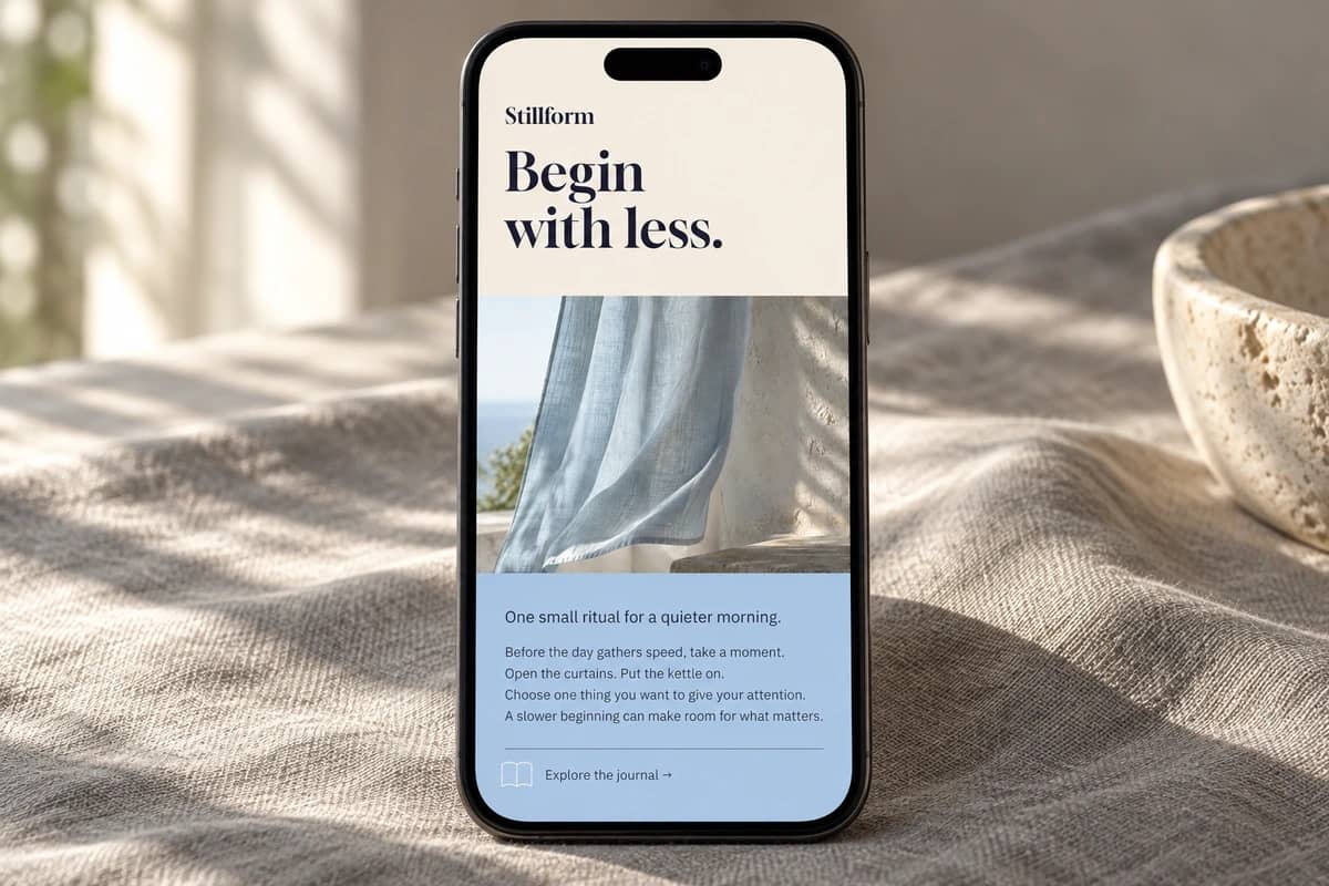 Current Stillform story displayed on a phone in natural window light