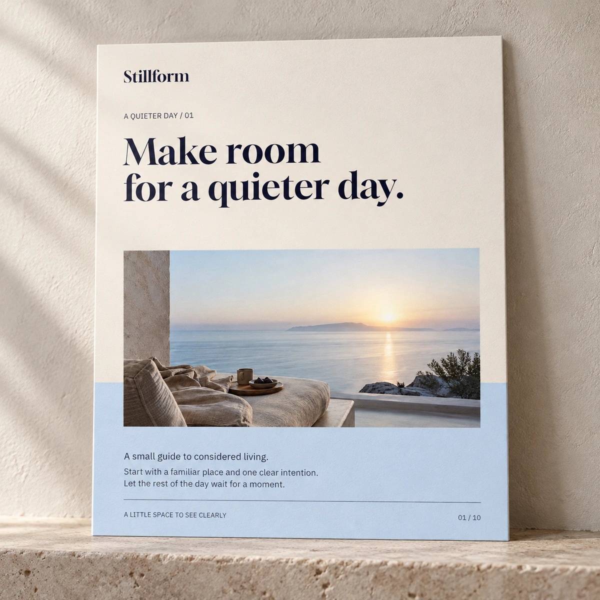 Current Stillform layout shown as a printed card on a stone shelf