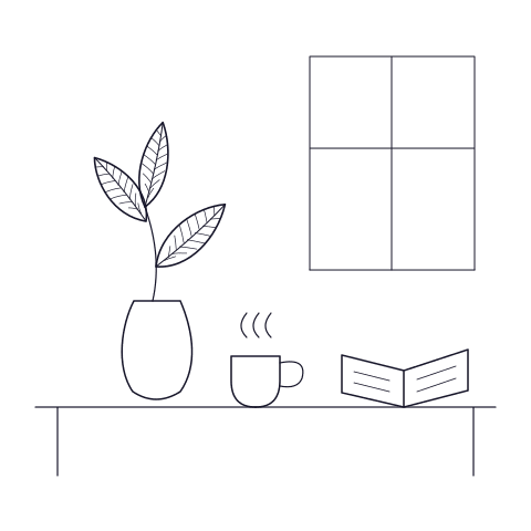 Current Stillform Morning light illustration: a vase, open book and tea beside a window