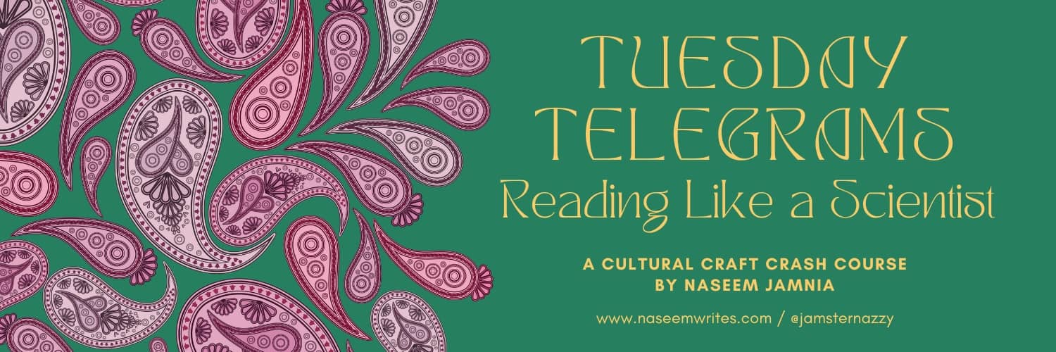 The original image for "Reading like a Scientist," although only some pink paisleys and part of the yellow writing on a green background is visible.