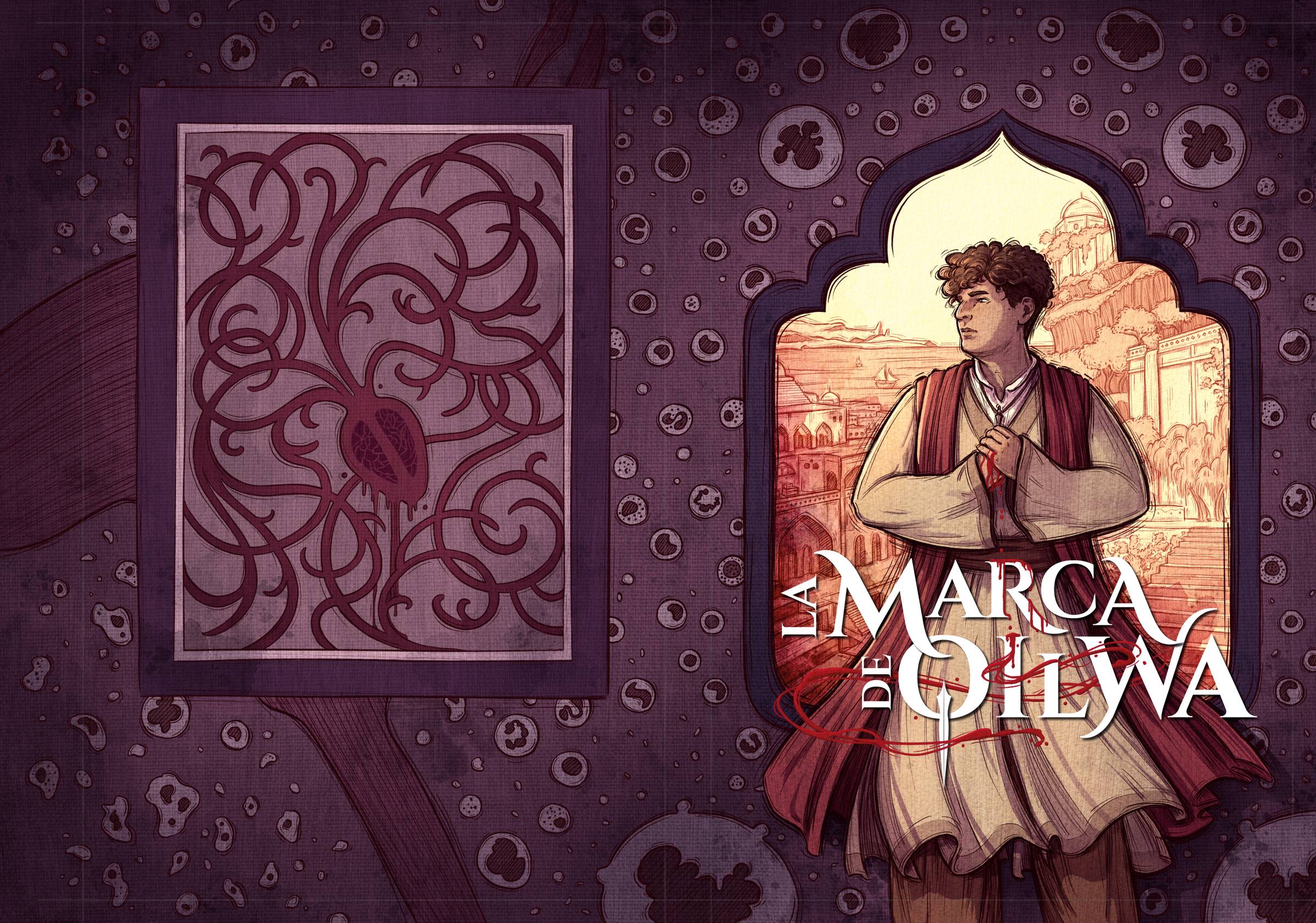 The jacket of La Marca de Qilwa, the Spanish edition of The Bruising of Qilwa, which shows Firuz holding their hands to their chest as they look off to the side for the cover, and a heart with many veins coming out of it for the back.