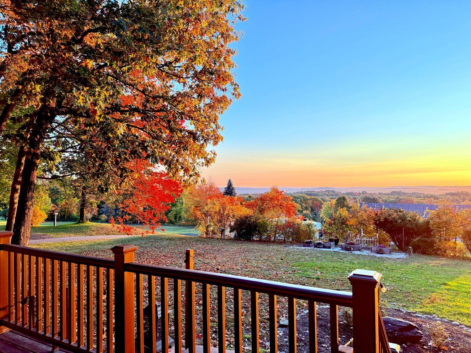 A beautiful Massachusetts autumn scene, with grass and autumn-colored trees