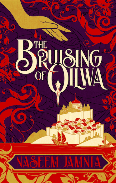 The OG cover of The Bruising of Qilwa, which shows a hand dripping blood on the title and a city rising from a red sea underneath it. Red vines curl around the sides.