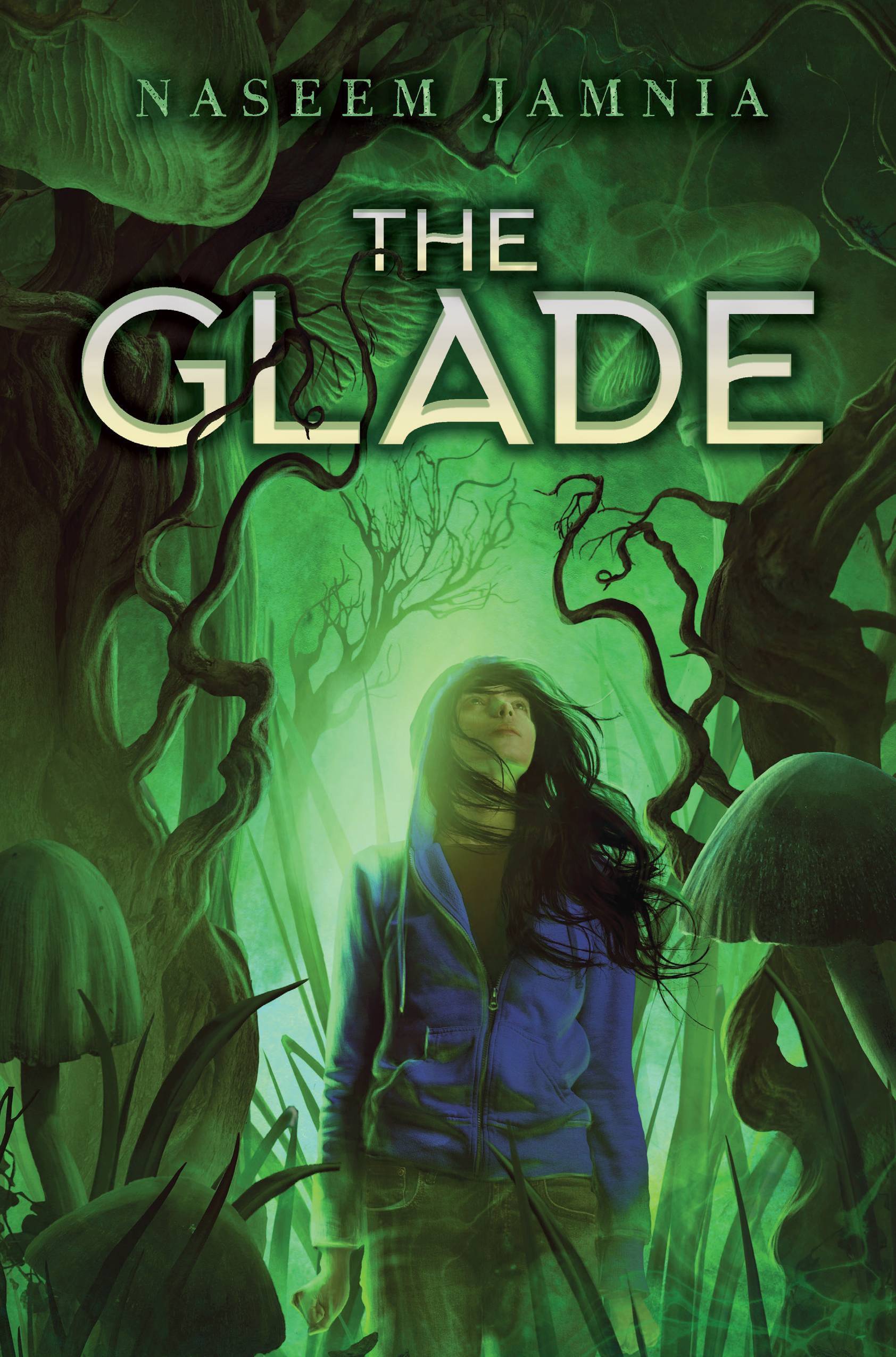 The cover of The Glade, which shows an Iranian American tween wearing a blue-purple hoodie and jeans clenching her fists as she looks up and away, her long brown hair whipping around her face. Around her are mushrooms and grasses and twisting tree trunks,