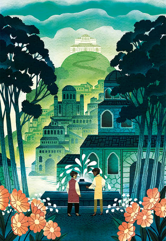 The Rainbow Crate image that became the cover of The Bruising of Qilwa, which shows Firuz and Kofi standing in front of a fountain. Buildings rise around them, and in the distance is a hill with the governor's mansion on top. Tall trees and flowers frame the image. The title is not written on it.