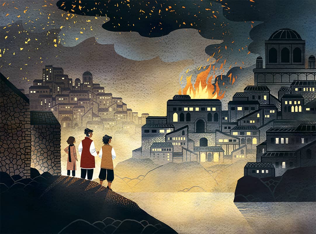 An art end piece by Pauliina Hannuemmi from the special edition of THE BRUISING OF QILWA, which shows a spoiler scene of three people overlooking a city on fire.