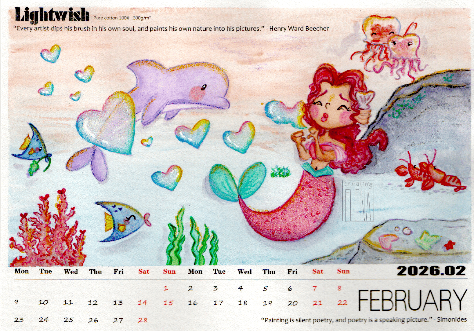 2026 FEB mermaid calendar