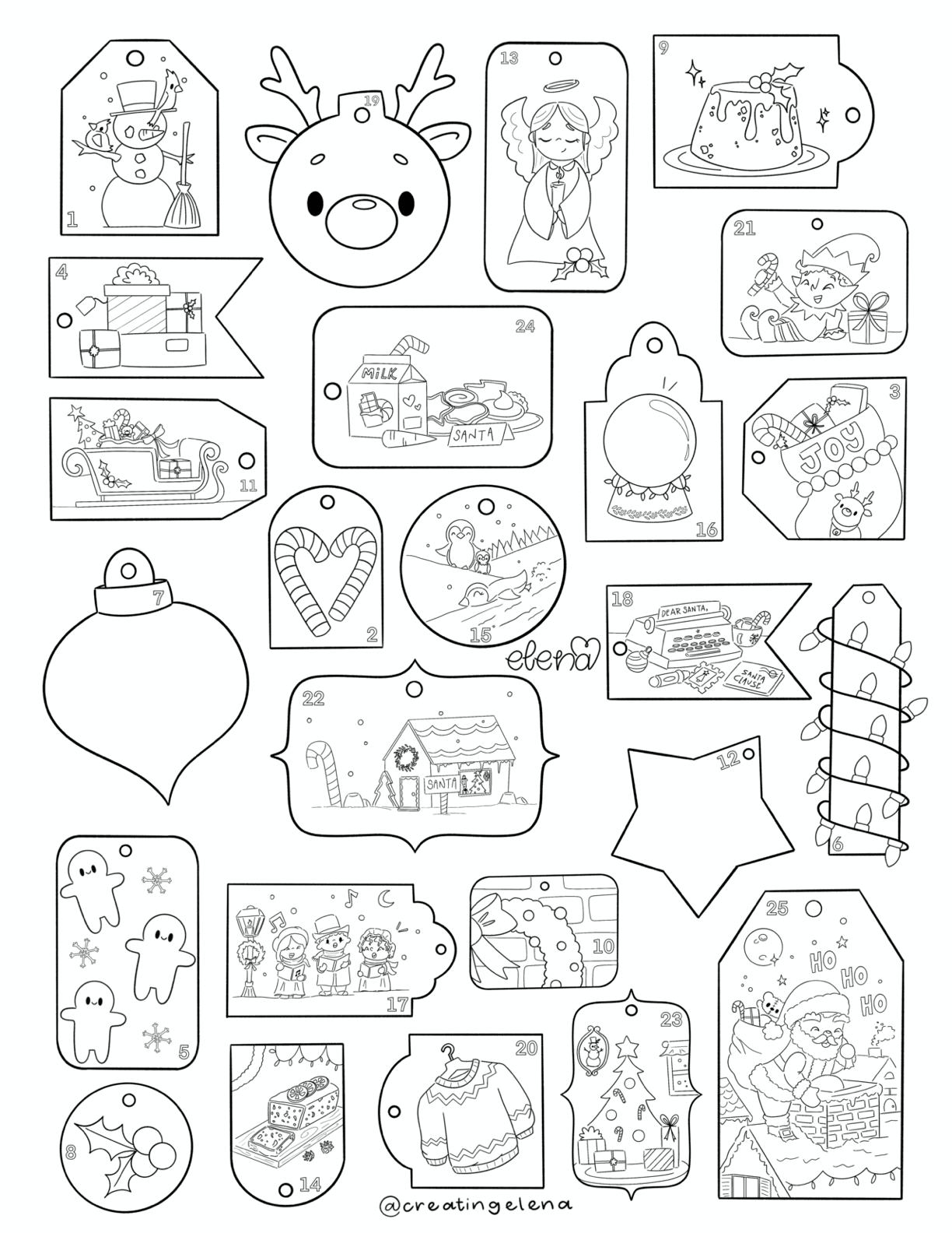 Christmas colouring countdown page filled with gift tags and Christmas images