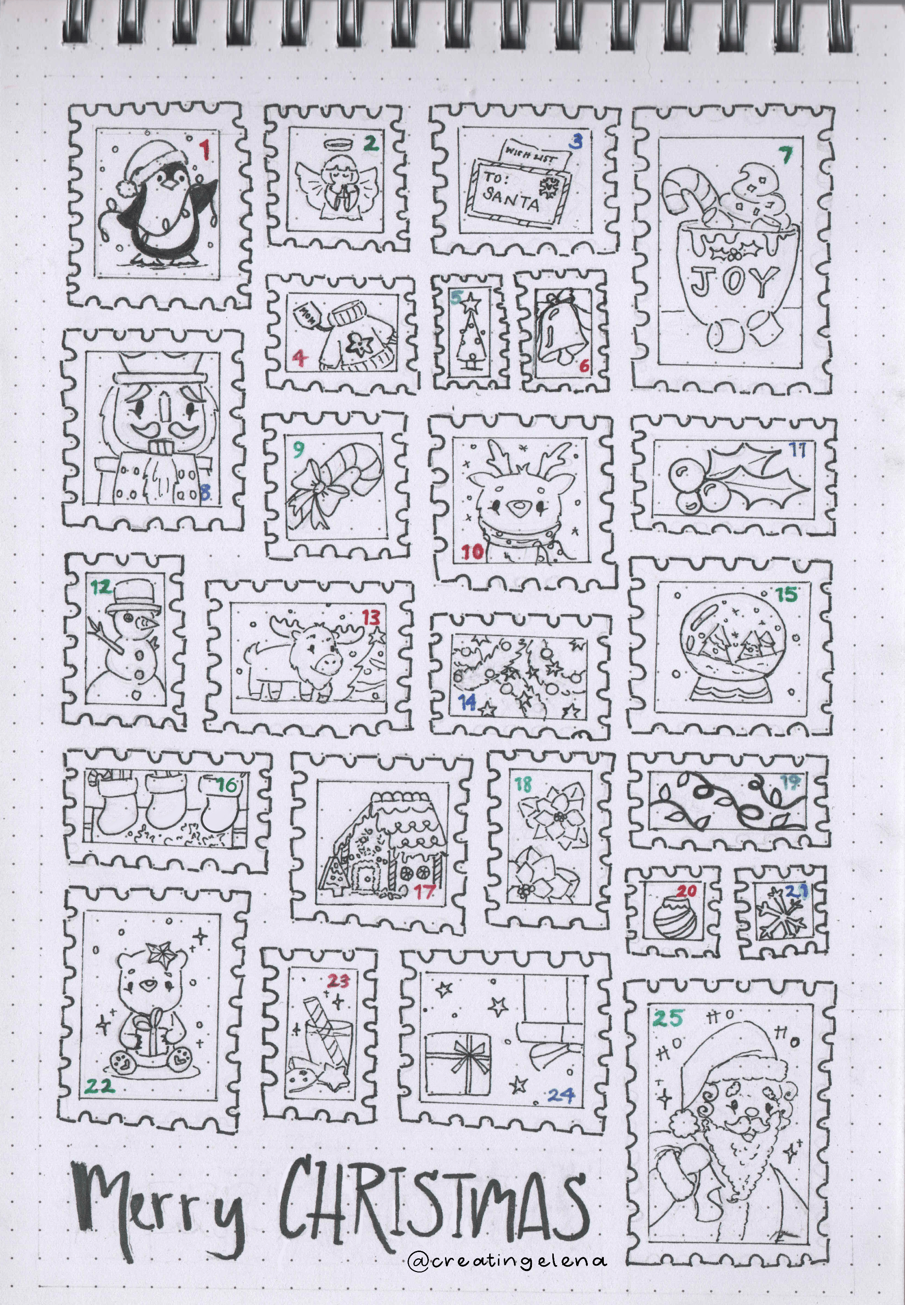 Black and white coloring page of an advent calendar with 25 Christmas stamps to colour