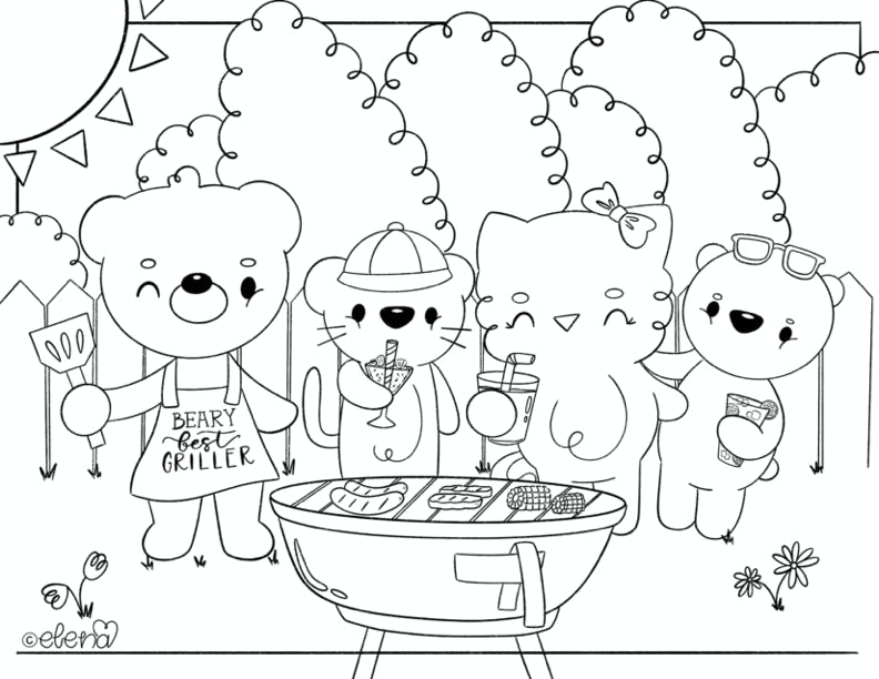 Black and white coloring page of a group of animals in a backyard having a BBQ