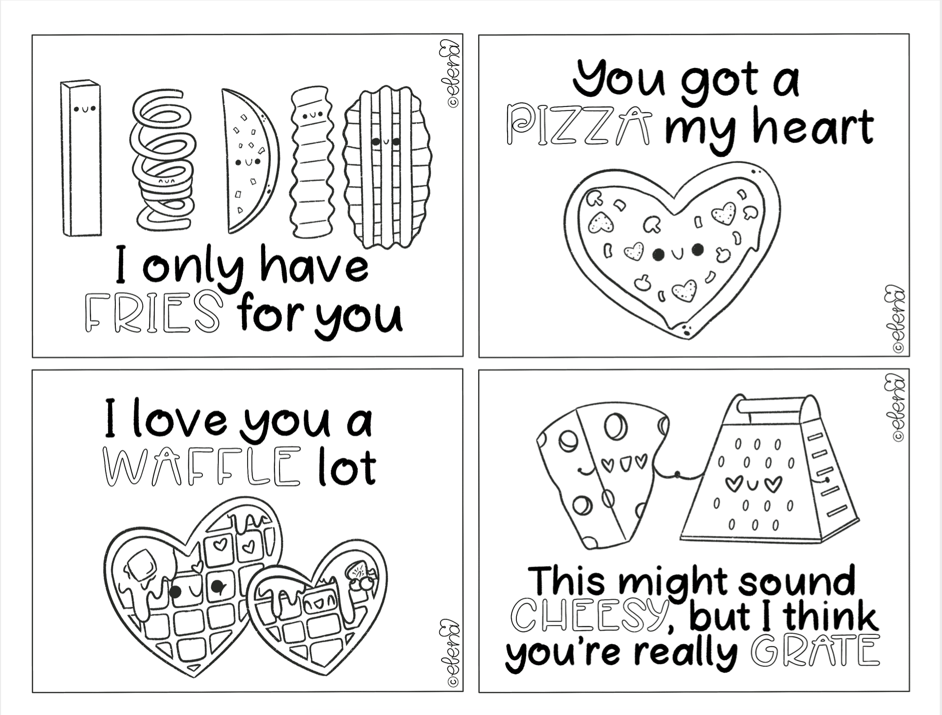 colouring page of valentine's day pun cards