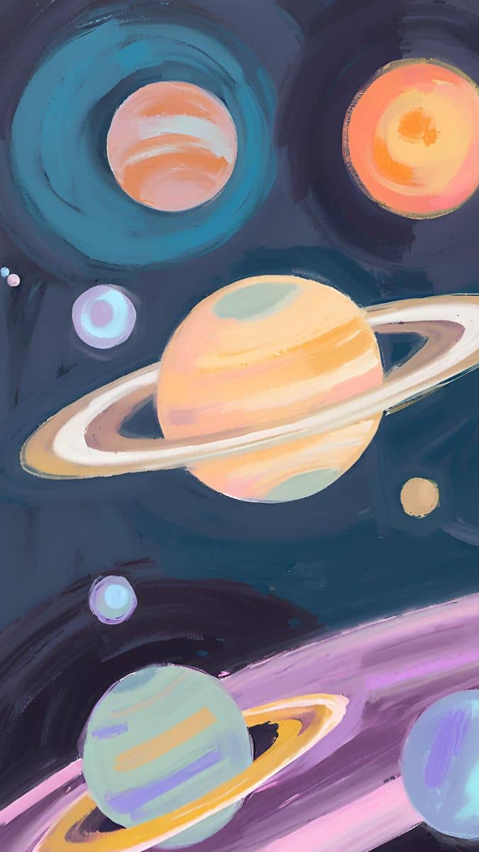 Stylized illustration of a solar system showing several colorful planets with rings, set against a dark space background. The planets are in shades of orange, pink, and blue, with brushstrokes giving a pastel, artistic feel.